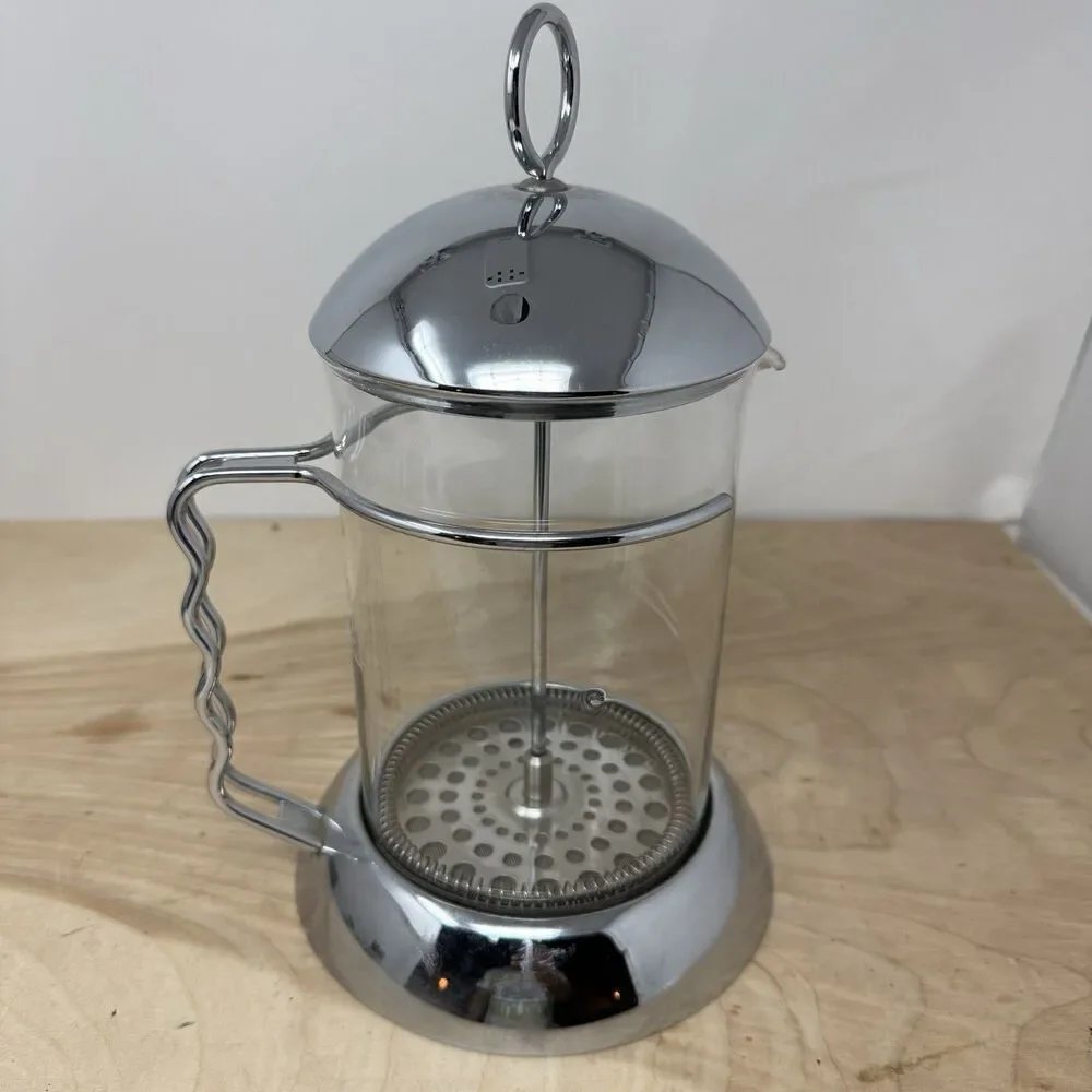 Vtg Bodum Coffee Glass French Press MCM Retro Atomic Chrome Metal Style 12x6.5”